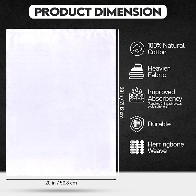 Premium Kitchen Towel (28”x20”, 12 Pack) 100% Cotton Dish Towels Cloths Large Hand Towels Tea Towels for Kitchen with Hanging Loop, Reusable Cleaning Cloths, Fast Dry Lint Free Linen | Pure White