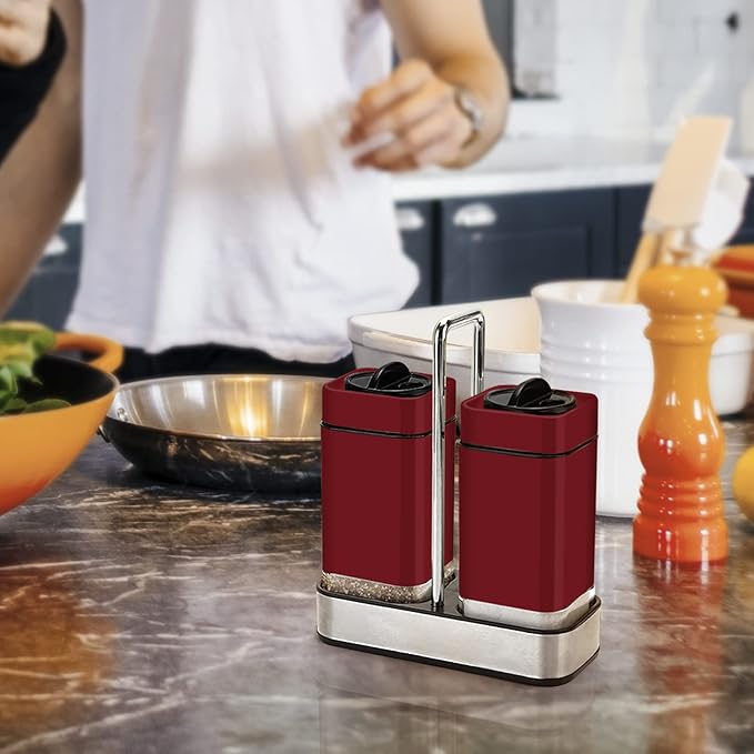Red Salt and Pepper Shakers Set with Holder, Salt Shaker with Adjustable Pour Holes, Stainless Steel Refillable Spice Dispenser by Aelga