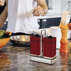 Red Salt and Pepper Shakers Set with Holder, Salt Shaker with Adjustable Pour Holes, Stainless Steel Refillable Spice Dispenser by Aelga