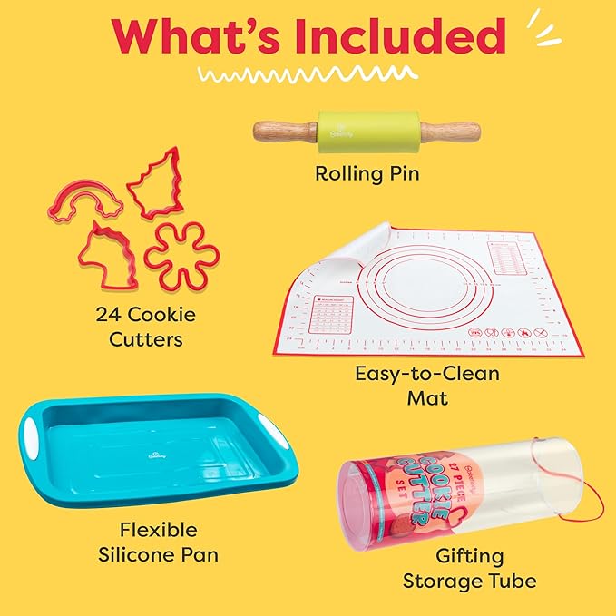Baketivity Cookie Cutter Set for Kids, 24 Assorted Cookie Cutters of Basic Shapes, Seasonal, and Holiday Themes - with Rolling Pin, Silicone Baking Pan, and Non-Stick Baking Mat - BPA-Free - Ages 4+