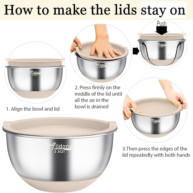 Wildone Mixing Bowls with Airtight Lids, 22 PCS Stainless Steel Nesting Bowls, with 3 Grater Attachments, Scale Marks & Non-Slip Bottom, Size 5, 4, 3, 2,1.5, 0.63QT, Ideal for Mixing & Prepping