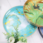 Round Green Marbling Decorative Tray with Handles, 13" Morden Plastic Serving Tray for Coffee Table Bathroom, Ottoman, Home Decor
