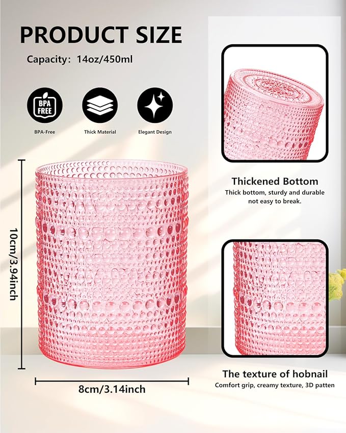 YOUBET 24PCS Plastic Drinking Glasses - 14OZ Pink Hobnail Drinkware Glasses - Vintage Glassware Textured Beaded Cups for Water, Beer, Whiskey, Juice and Various Mixed Drinks