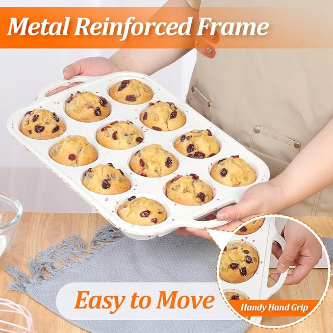 Silicone Muffin Pan, Metal Reinforced Frame Silicone Cupcake Pan Easy to Handle 12 Cups for Valentine's Day Baking Nonstick Regular Size Muffin Tin 1 Pack Love Heart