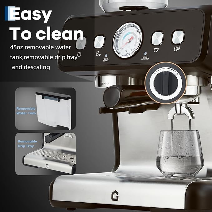 Stainless Steel Espresso Machine with Grinder and 20 Bar Pressure, 2.8l Removable Water Tank, Milk Frother Steam Wand for Latte and Cappuccino, Adjustable Shot Volume,Black