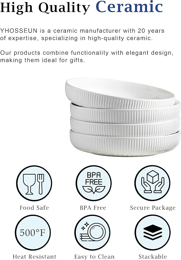 YHOSSEUN 9.75" Pasta Bowls Set of 4, 50 OZ Large Salad Serving Bowls Pasta Plates, White Soup Bowl for Kitchen Meal Prep, Ceramic Shallow Dishes, Clover Stripe