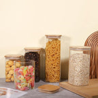 Glass Food Storage Jars 76 oz Set of 3,Glass Storage Containers Clear Glass Food Canister with Bamboo Lid Airtight For Serving Tea, Coffee, Flour, Sugar, Candy, Cookie, Spice and More (Square)
