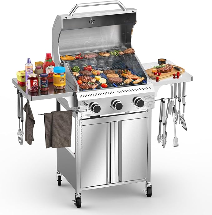 G31 Gas Grill, 3-Burner Gas Grill with Folding Side Tables,Stainless Steel 24,000 BTU BBQ Grill,Outdoor Propane Grill for Barbecue,Patio,Camping