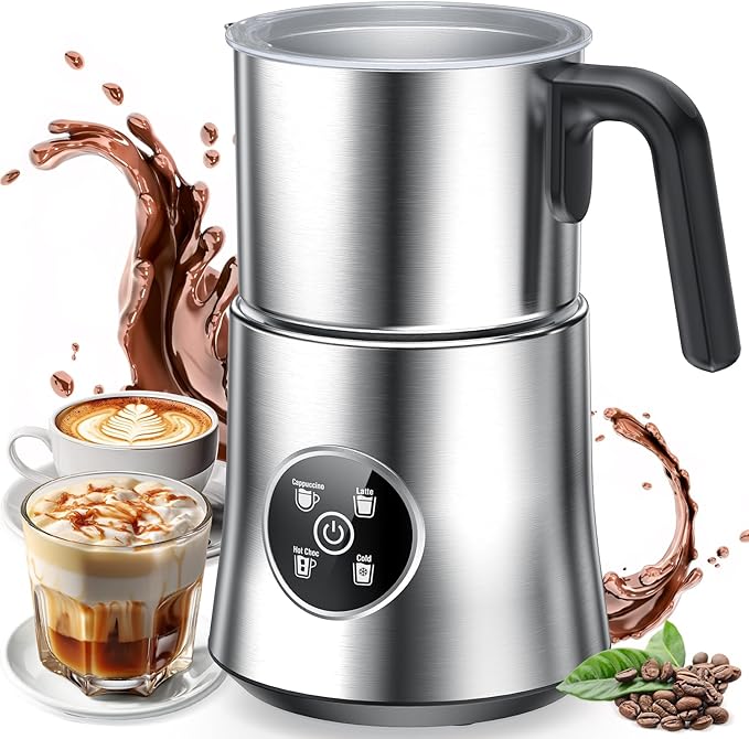 Milk Frother and Steamer, Detachable Electric Milk Frother, Large Capacity Automatic Milk Steamer with LED Touch, Hot & Cold Foam Maker for Coffee, Latte, Cappuccino, Hot Chocolate, Quiet Operation