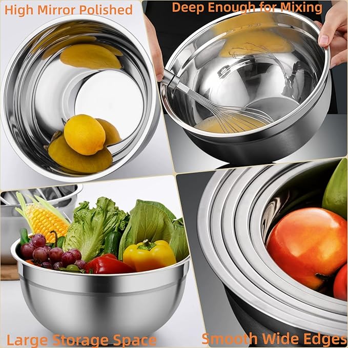 MIKULA Mixing Bowls, Mixing Bowl Set with Lids, 22PCS Large Stainless Steel Mixing Bowls & 400ML Measuring Cups Spoons Storage Nesting Metal Baking Bowl 7/6/4.5/3.5/2.5QT for Kitchen Supplies