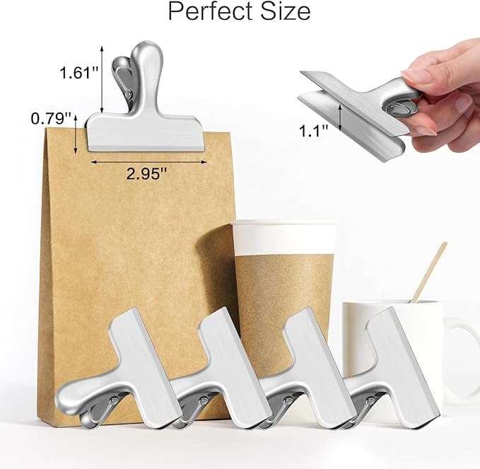 24 Pack Bag Clips, Heavy Duty Chip Clips, Stainless Steel Chip Bag Clip,for Kitchen and Office to Seal Coffee Bags, Paper Sheets, Metal Clip Air Tight Seal-3 Inches(Silver)