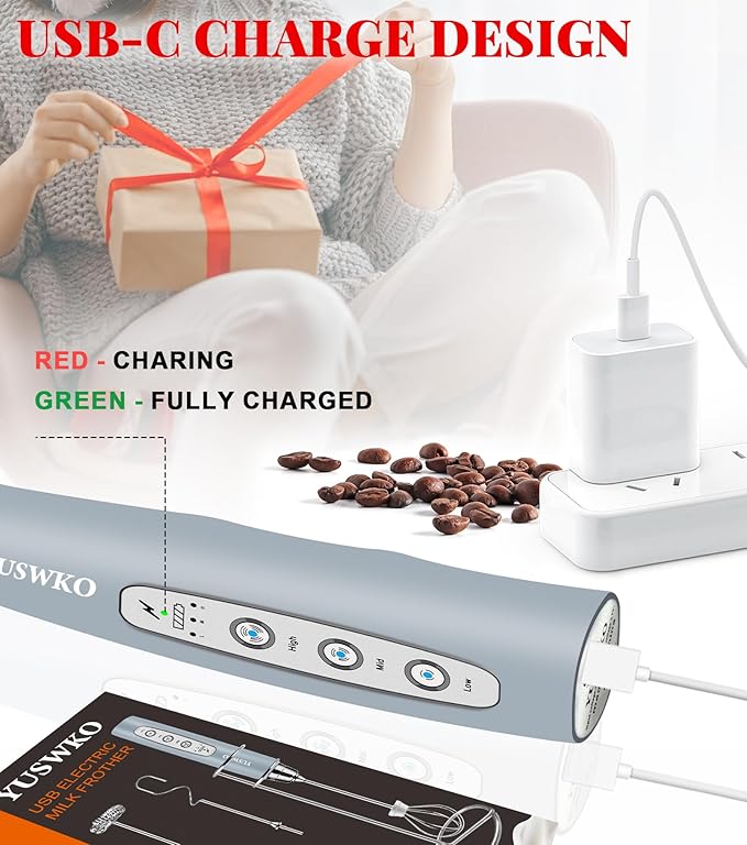 YUSWKO Rechargeable Milk Frother for Coffee, Handheld Drink Mixer with 3 Heads 3 Speeds, Ideal Electric Stirrers for Travel