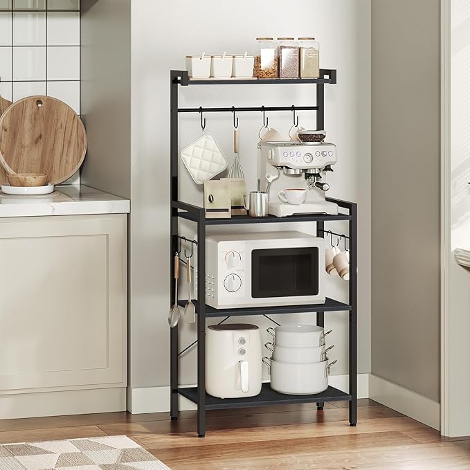 HOOBRO Kitchen Bakers Rack with Storage, 4 Tiers Coffee Bar Station, Microwave Stand with 8 S-Shaped Hooks, Kitchen Storage Shelf Rack for Small Spaces, Black BB04HB01