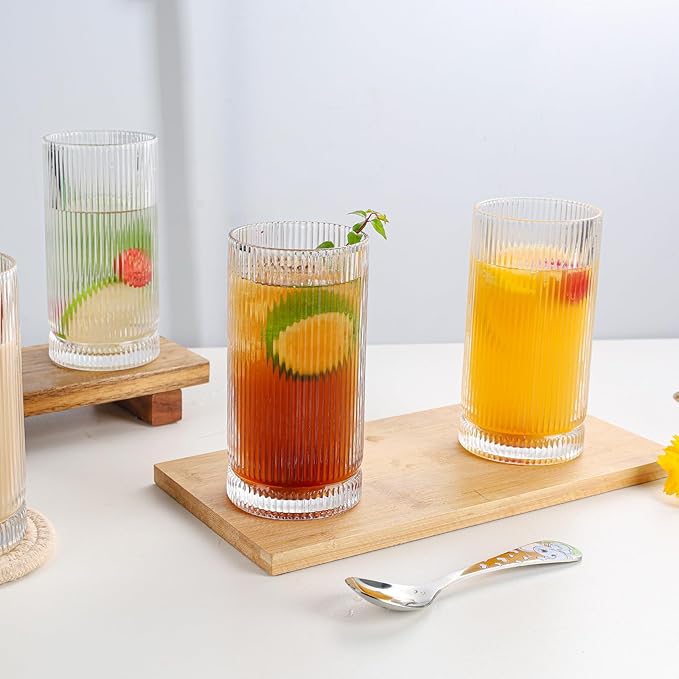 Vintage Ribbed Glassware Set with straws, 16oz Drinking Glasses, Origami Style Set of 4, Fluted Design, Ideal for Water, Iced Coffee, Juice, Beer, Milk, Cocktail, Gift
