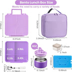 Bento Lunch Box with 8oz Soup Thermo,Kids Leakproof 4 Compartment Lunch Food Containers with Sauce Cup and Ice Pack,Kids Thermo Insulated Hot Food Jar and Lunch Bag for School,Trvael-Purple