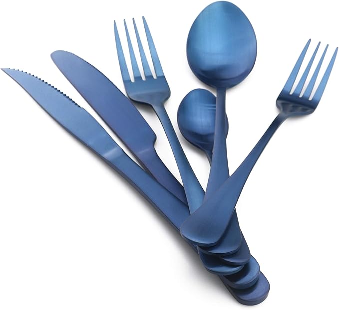 24-Piece Stainless Steel Flatware Set, Matte Colorful Blue Finish, Service for 4