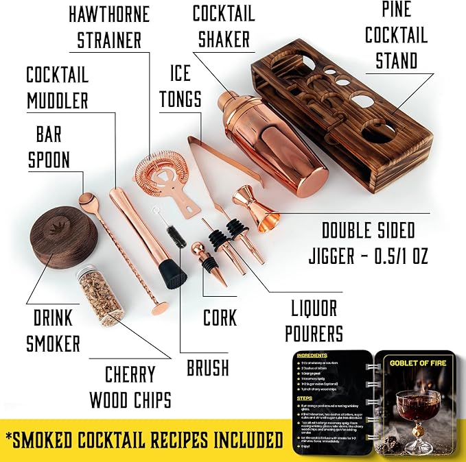 Bartender Kit with Whiskey Smoker - 13 pcs, Pine Stand - Bar Set with Cocktail Shaker, Bartending Kit with Essential Bar Accessory Tools, Wood Chips, Pink Gold