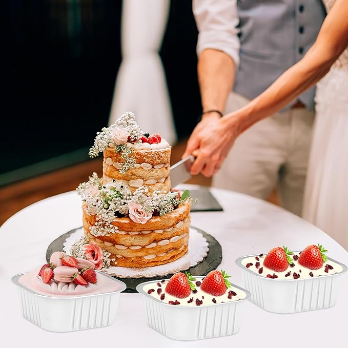 120pack 5oz Mini Cake Pans with Lids,LNYZQUS Foil Cupcake Cups Small Brownie Baking Tins,Square Disposable Ramekins Mini Cheesecake Containers Muffin Holders-White