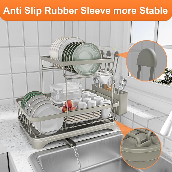 Dish Drying Rack for Kitchen Counter,Two-Tier Dish Rack with Utensil Holder, Auto-Draining Dish Racks, Large Capacity Dish Drainer Organizer for Plates, Bowls, Cups with Drainboard Grey