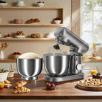 Stand Mixer with 3QT+3.5QT Dual Bowls, 10-Speed Electric 300W Food Mixer - Includes Egg Whisk, Dough Hook & Flat Beater for Home Baking & Daily Cooking (GraySilver)