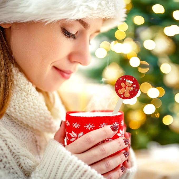 Jinei 120 Pcs Christmas Wooden Coffee Stirrers Wood Cocktail Coffee Stir Sticks Disposable Drink Stirrers for Stirring Hot Chocolate Milkshake Restaurant Home Office (Assorted Style)