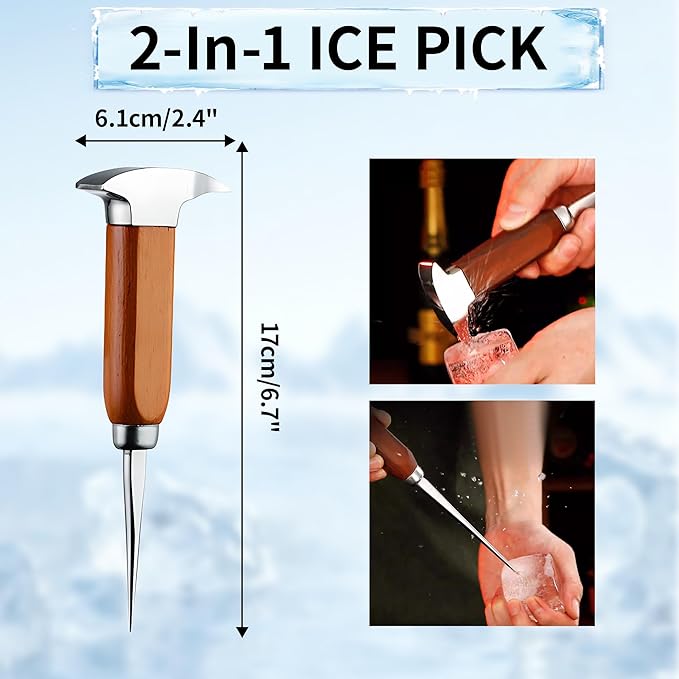 Ice Pick Tool with Wood Handle, Stainless Steel Ice Picks for Breaking Ice, Ice Carving Tools Bar Tools for Kitchen, Bars, Bartender, 6.7 Inch