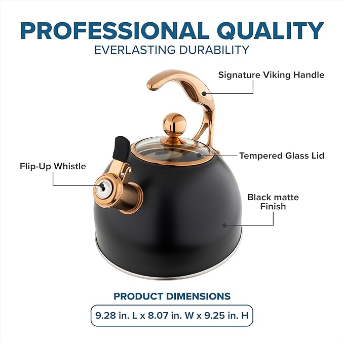 Viking 3-Ply Stainless Steel Tea Kettle, 2.6 Quart Stovetop Hot Water Pot with Tempered Glass Lid, Ergonomic Handle, Induction Ready, Matte Black and Copper