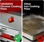 CROSSON 16"*16" Electric Chrome Plated Griddle,Commercial Countertop Flat Top Griddles with Non-Stick 2/5" Thick Iron Cooking Plate for Restaurant and home use-120V/1750W,Spatula Included