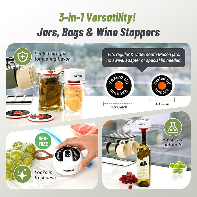 INKBIRD 3-in-1 Electric Jar Vacuum Sealer Kit for Wide/Regular Mouth Mason Jars & Bags, Wireless Portable & Automatic Mini Vacuum Sealer with Reusable Jar Lids*4 for Canning Jar, 100 Cycles, Gift