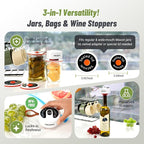 INKBIRD 3-in-1 Electric Jar Vacuum Sealer Kit for Wide/Regular Mouth Mason Jars & Bags, Wireless Portable & Automatic Mini Vacuum Sealer with Reusable Jar Lids*4 for Canning Jar, 100 Cycles, Gift