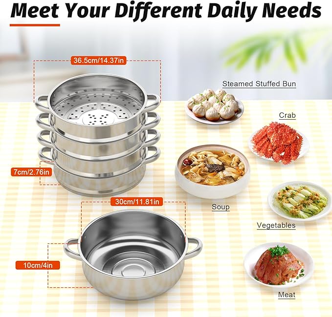 5 Tier Layer Stainless Steel Steamer Pot, 304 Food Grade Steel Multipurpose Steam Cookware Steaming Pot with Stackable Pan and Lid for Cooking Corn,Dumpling,Fish (Silver, 5 Tier - 30cm)