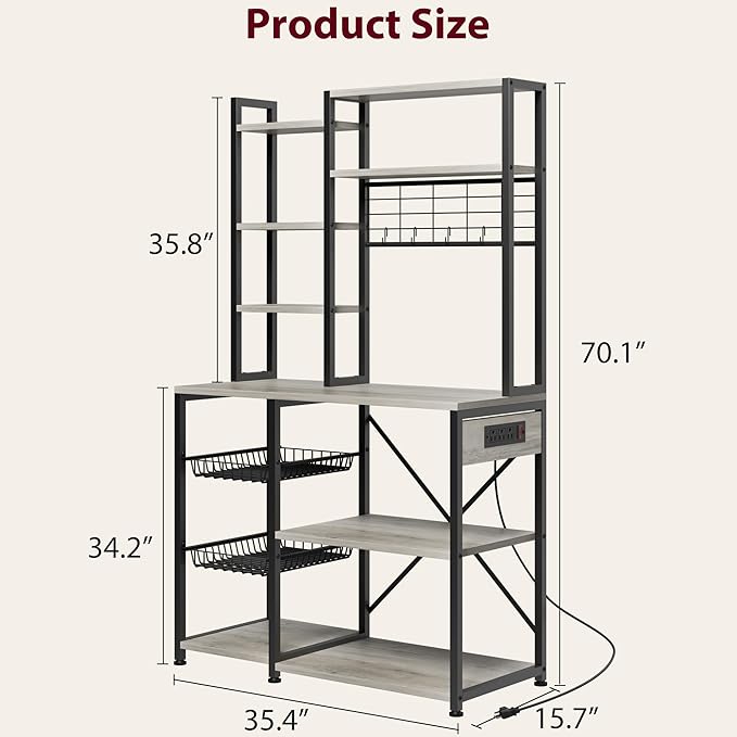 Bakers Rack with Power Outlet, 7-Tier Microwave Stand with Wire Basket, Coffee Bar with 4 s-Shaped Hooks, Kitchen Open Storage Shelf Rack for Spices, Pots, Gray