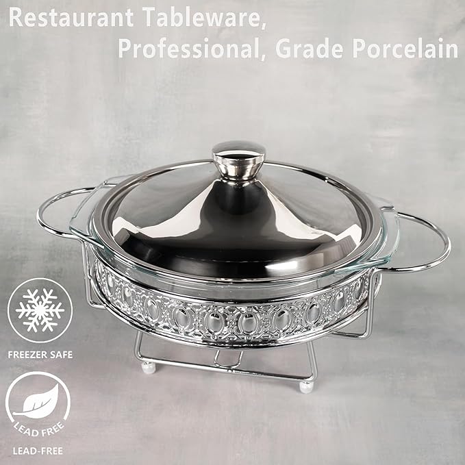 Casserole Dish 9"Glass Baking Dish with Stainless steel Lid and rack, Silver round 1.5 Qt Baking Pan For Casserole & Lasagna, Microwave Dishwasher Freezer Oven Safe
