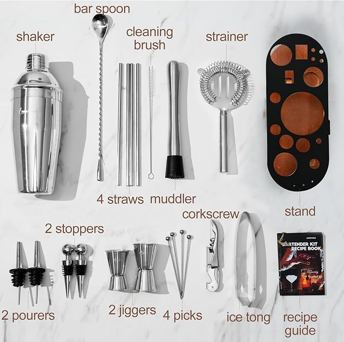 Cocktail Shaker Set Bartender Kit with Stand | 23-Piece Bar Set Drink Mixer Set with All Essential Bar Tools: Martini Shaker, Jigger, Strainer, Spoon, Muddler, Pourers, for Home, Bar, Party