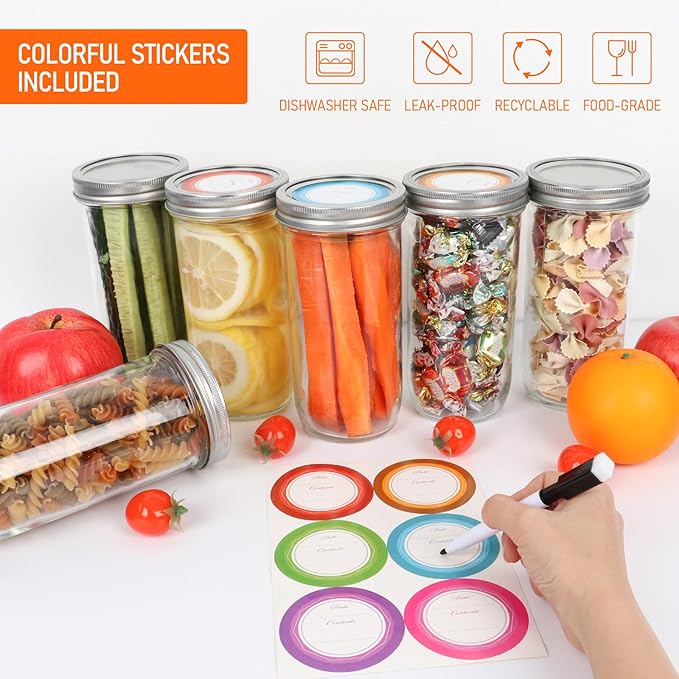 24 oz Wide Mouth Mason Jars 6pack, Glass Tall Mason Jars 24 oz with Airtight lids and Bands for Canning, Preserving, Fermenting, Pickling, DIY Projects (24 fl. oz, Set of 6)