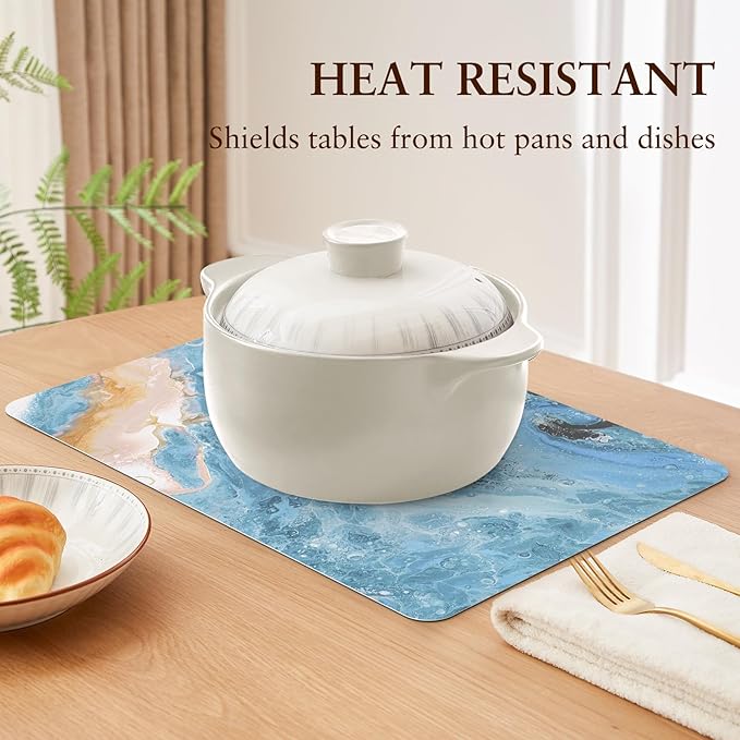 QIYI Placemats Set of 4, 12x18 Inch PU Leather Place Mats for Kitchen Dinning, Heat Resistant Anti Slip Pink Gold Table Mats, Waterproof Wipeable Washable Placemat Party Table Décor, Blue Fluid Marble