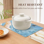 QIYI Placemats Set of 6, 12x18 Inch PU Leather Place Mats for Kitchen Dinning, Heat Resistant Anti Slip Pink Gold Table Mats, Waterproof Wipeable Washable Placemat Party Table Décor, Blue Fluid Marble