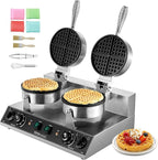 VEVOR Commercial Waffle Maker, Dual-Head Round Waffle Baker Machine, 2460W Non-Stick Stainless Steel Belgian Waffle Iron with Temp and Time Control, Handle, for Restaurant Bakery Snack Bar Family