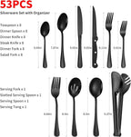 53PCS Black Silverware Set for 8 with Cutlery Drawer Organizer, Stainless Steel Flatware Set with Steak Knives, Include Spoons and Forks Set & Serving Utensils, Mirror Polished
