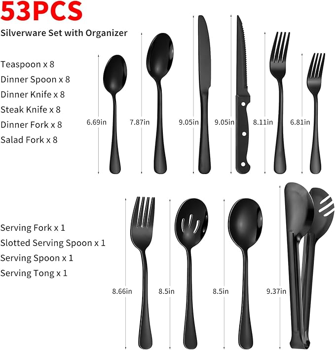 53PCS Black Silverware Set for 8 with Cutlery Drawer Organizer, Stainless Steel Flatware Set with Steak Knives, Include Spoons and Forks Set & Serving Utensils, Mirror Polished