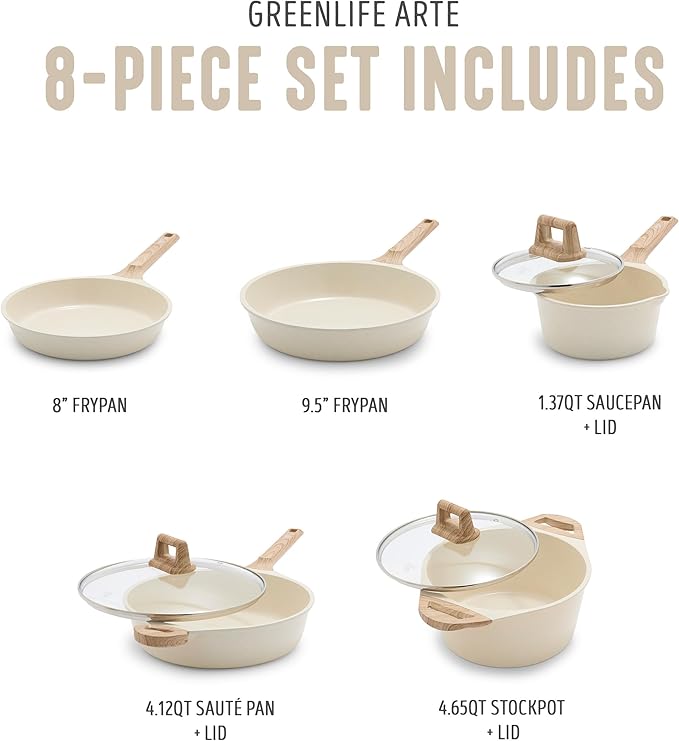 GreenLife 8 Piece Ceramic Nonstick Cookware Set, Induction Suitable Non Toxic PFAS-Free Pots & Pans, Dishwasher Safe, Cooking Set, Stock Pot, Saucepans & Frying Pans, Kitchen Cooking, Granite Cream