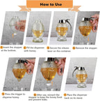 Honey Dispenser, Glass Honey Dispenser No Drip, Honey Pot with Stand, 8 oz Honey Jar, Maple Syrup Honey Container, Elegant Honeycomb Design for Home Decor for Any Occasion