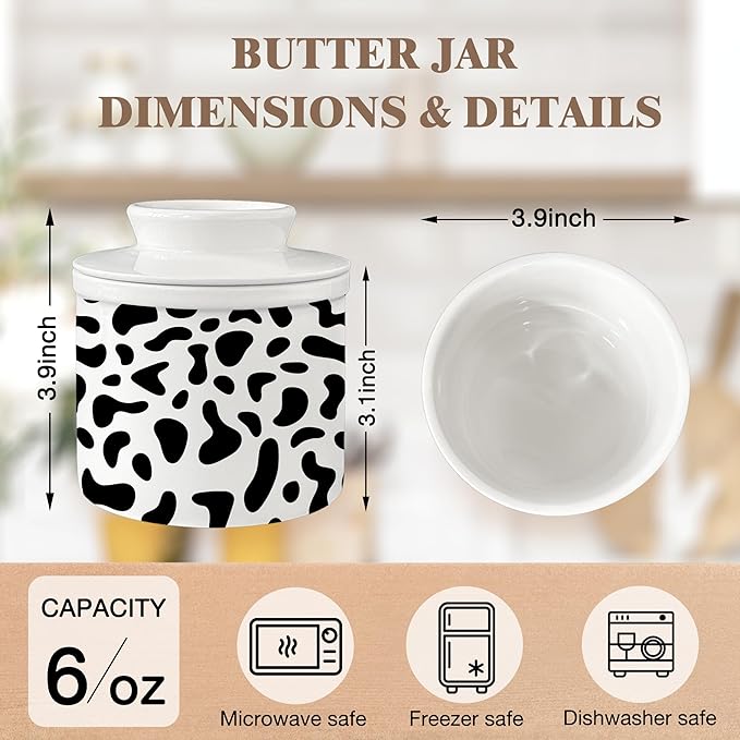 HIWX Cow Print Gifts Butter Crock with Lid for Countertop, Cowhide Ceramic French Butter Crock Keeper Dish for Counter with Water, Cow Lovers Gifts for Women