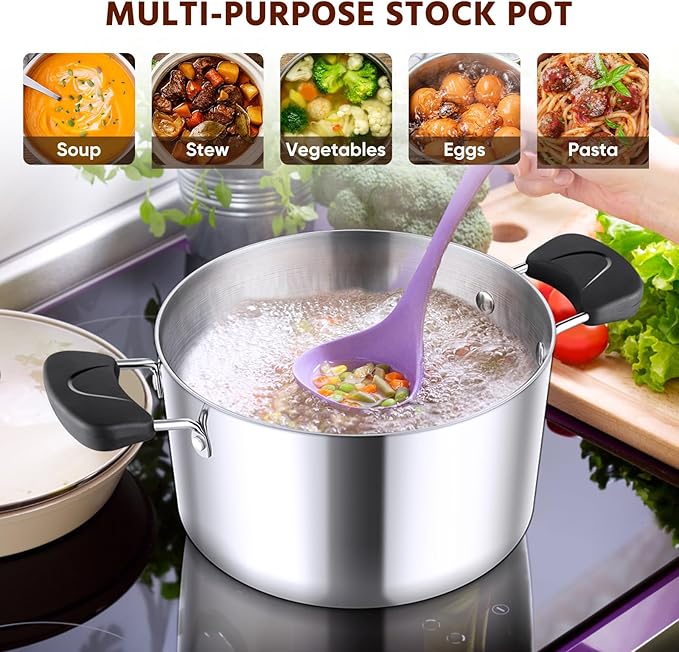 8-Qt Stock Pot, E-far 3-Ply Stainless Steel Stockpot with Lid for Cooking Simmering Soup Stew, Heavy Duty Cookware Works w/Induction, Non-toxic & Corrosion Resistant, Dishwasher Safe