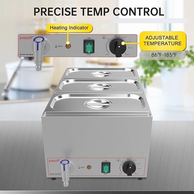 Valgus Commercial Grade Stainless Steel 3 Sections 17 Qt Bain Marie Food Warmers Electric Countertop Steamer with Lid and Tap for Parties, Banquet and Catering Events