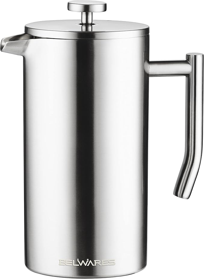 Belwares French Press Coffee Maker 50oz - 304 Stainless Steel Insulated Coffee Press, Double-Wall Heat Resistant Design with 4-Level Filtration System, Rust-Free & Dishwasher Safe (1.5 Liter), Silver