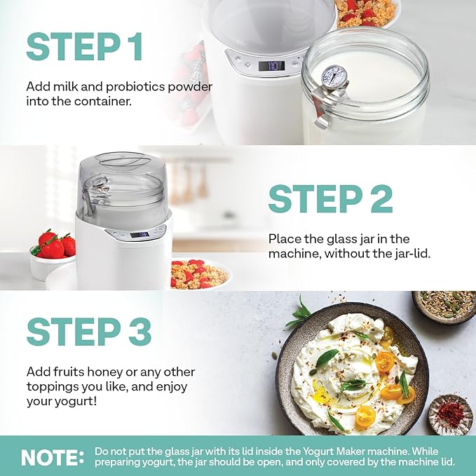 Euro Cuisine YM260 Yogurt Maker with Adjustable Time & Temperature Control, 2-Quart Glass Jar, Free Thermometer & Cotton Strainer Bag, 2025 Edition, White, Make Yummy Organic Probiotic Yogurt at Home