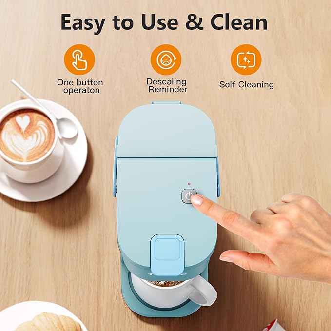 Single Serve One Cup Coffee Maker, for K Cups and Grounds, Mini Coffee Maker with Portable Handle, 6 to 12 Oz Brew Size, for Travel, Camping, Office, RV and Dorm, 120V, Aqua