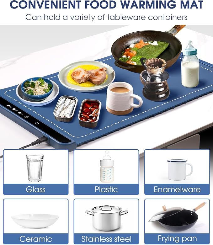 Silicone Electric Warming Tray with 3 Temperature Settings, Rollable Food Warming Mats for Heating，Easy-to-Use Portable Food Warmer for Daily Use - Bright Blue