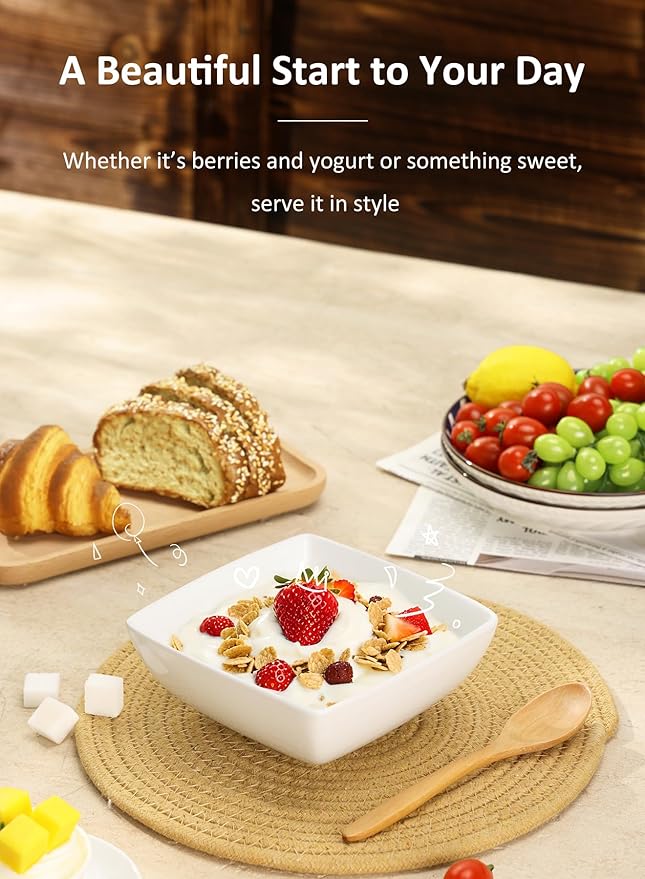 Yedio Porcelain Soup Bowls Set of 6, 28 OZ Square Cereal Bowls, Rice Bowl, for Ice Cream and Dessert Snack, Wedding Party Gift, Microwave Safe Bowl